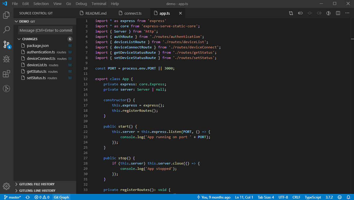 Интерфейс редактора VS Code с кнопкой вызова плагина Git Graph.