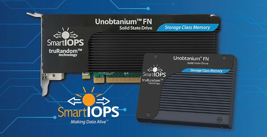 Твердотельные накопители SmartIOPS Unobtanium FN Storage Class Memory в виде PCIe-платы расширения и 2.5-дюймового диска на синем фоне с логотипом SmartIOPS.