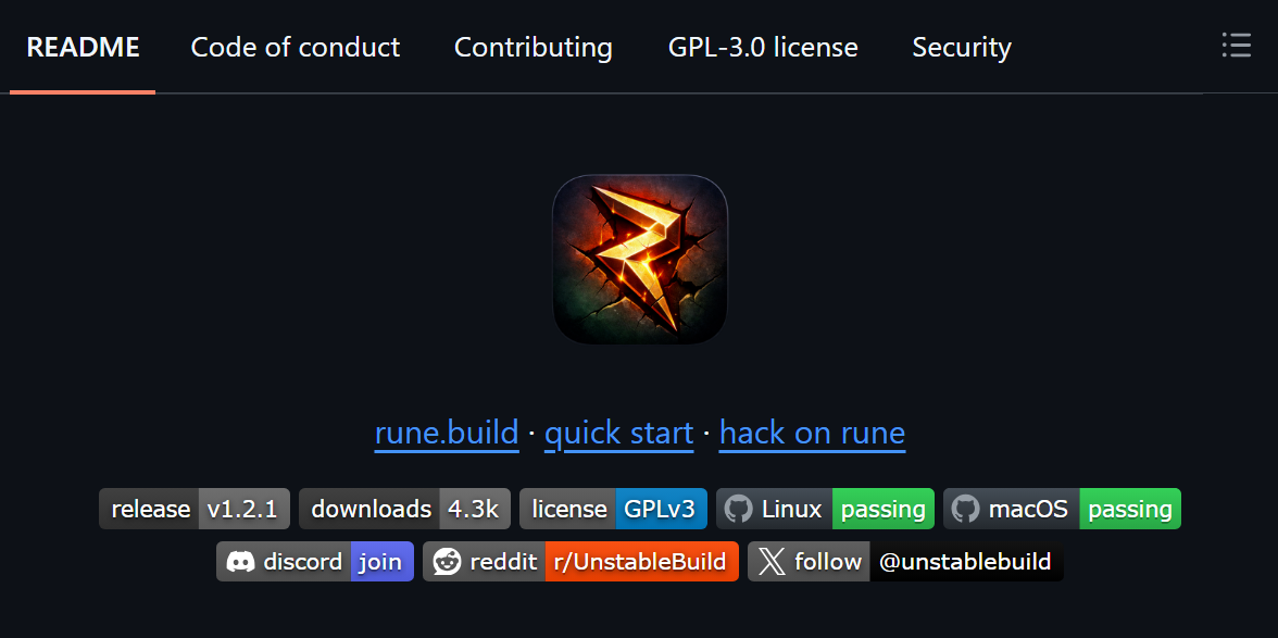 Странница репозитория Rune на GitHub с логотипом и плашками