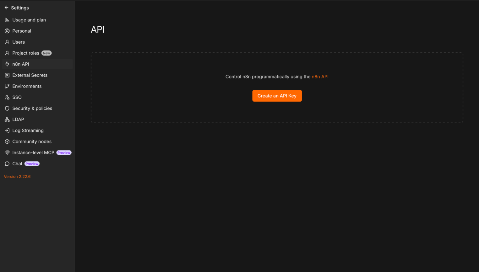 Раздел настроек API в веб-интерфейсе n8n для создания ключа.