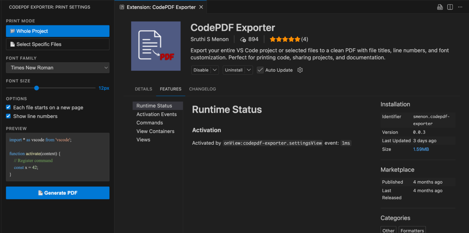 Интерфейс расширения CodePDF Exporter для VS Code.