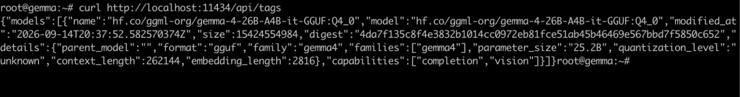 Если все настроено правильно, в ответе будет JSON со списком моделей, которые уже скачаны на сервер.