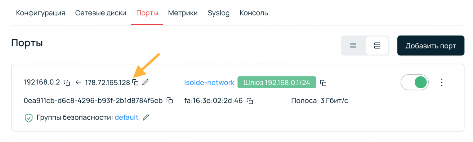 Вкладка «Порты» в панели Selectel с публичным IP-адресом сервера.