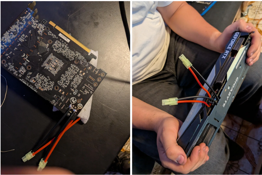 Коллаж из двух фотографий, показывающий видеокарту Gigabyte GeForce RTX после модификации питания. На левом снимке показана оборотная сторона черной печатной платы с аккуратно припаянными толстыми проводами (черными и красными), которые заканчиваются двумя белыми пластиковыми штекерами. На правом снимке человек держит видеокарту в руках, демонстрируя торчащие из корпуса хвосты кустарно припаянных кабелей.