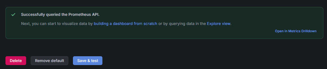 Уведомление об успешном подключении к Prometheus API в Grafana.