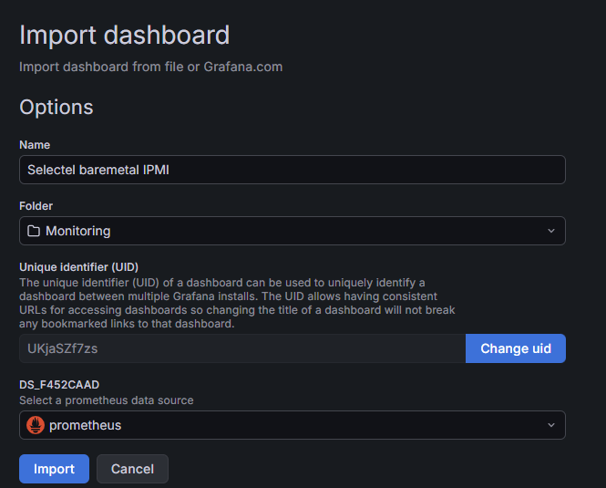 Импорт готового дашборда Selectel baremetal IPMI в интерфейсе Grafana.