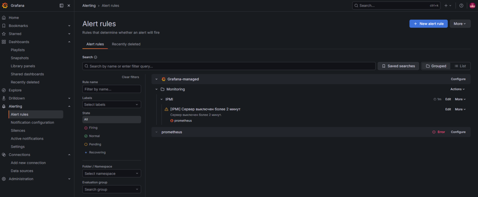 Список правил оповещений со созданным правилом для IPMI в разделе Alert rules в Grafana.