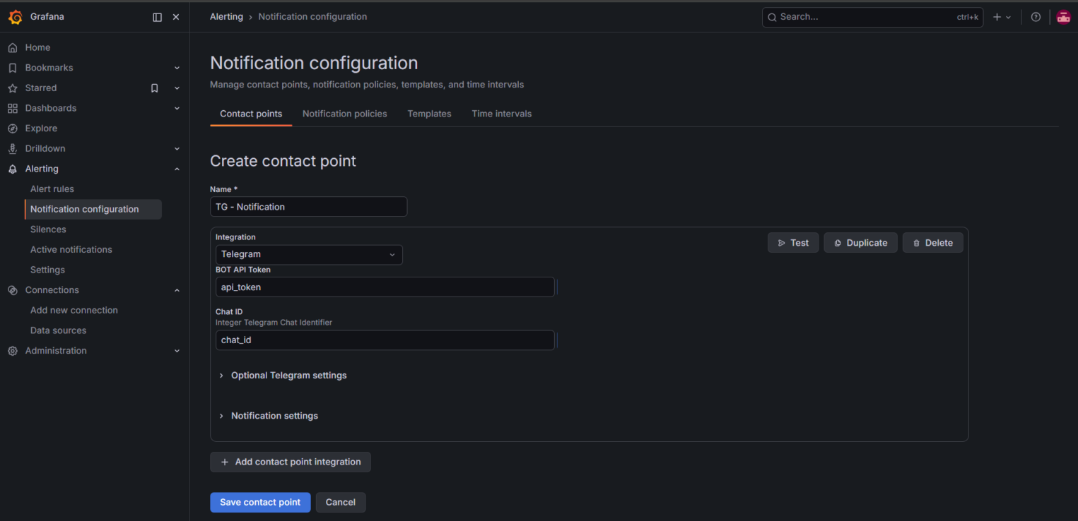 Настройка точки доставки уведомлений в Telegram в разделе Notification configuration в Grafana.