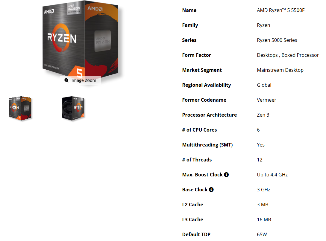 Фирменная упаковка и таблица спецификаций процессора AMD Ryzen 5 5500F серии 5000.
