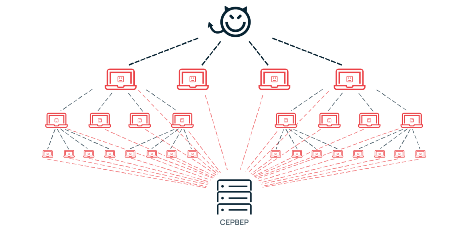 Схема DDoS-атаки с использованием ботнета.