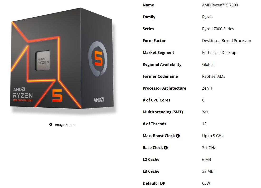 Фирменная коробка и таблица спецификаций процессора AMD Ryzen 5 7500 серии 7000.