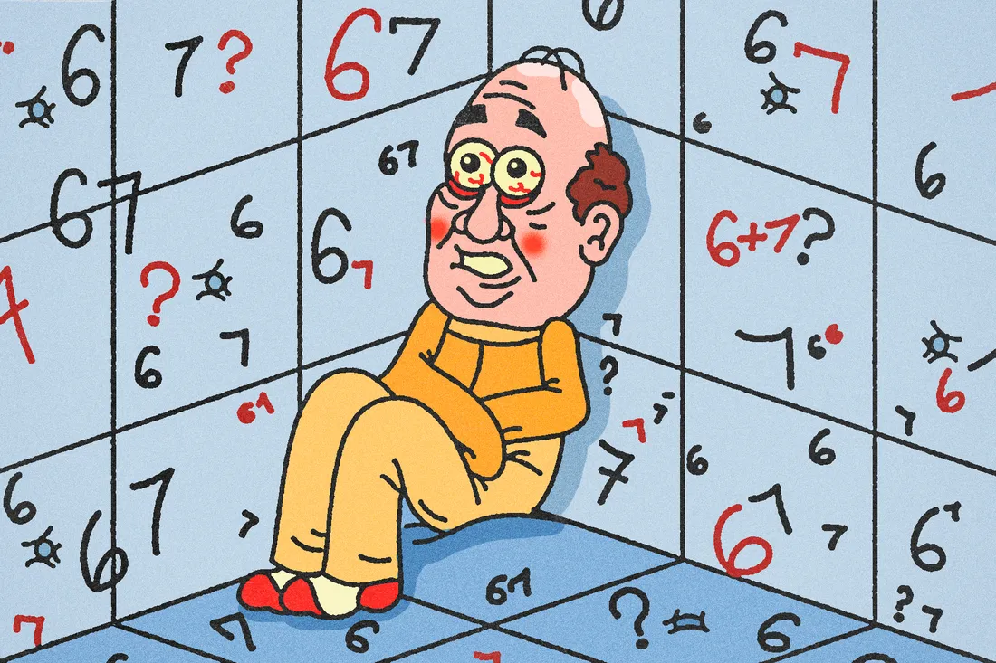 Юмористический рисунок: человек забился в угол, на стенах надписи «6» и «7».