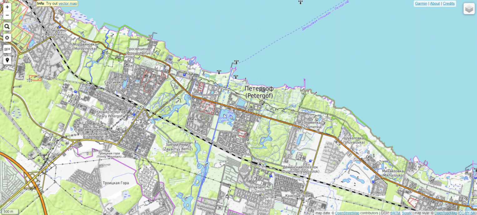 Интерфейс OpenTopoMap. Похож на OpenStreetMap, но отличается проработкой рельефа.