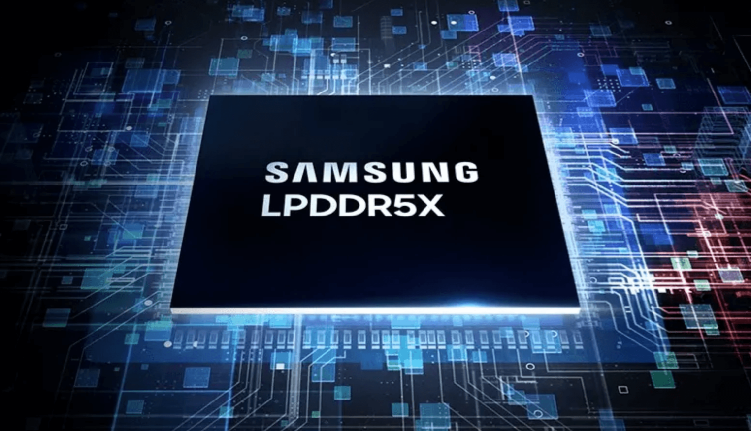 Микросхема оперативной памяти Samsung LPDDR5X на фоне футуристичной печатной платы со светящимися дорожками
