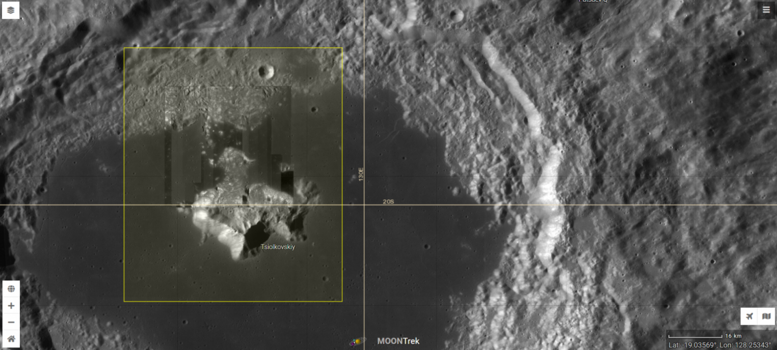 Детальный снимок кратера Циолковский на поверхности Луны в сервисе Moon Trek.