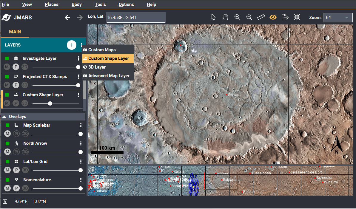 Интерфейс научной ГИС-программы JMARS с кратером Скиапарелли на Марсе.