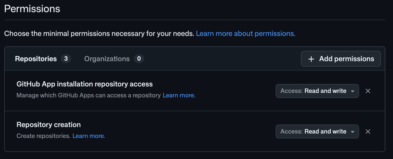 Интерфейс настройки точечных прав доступа к репозиториям GitHub.