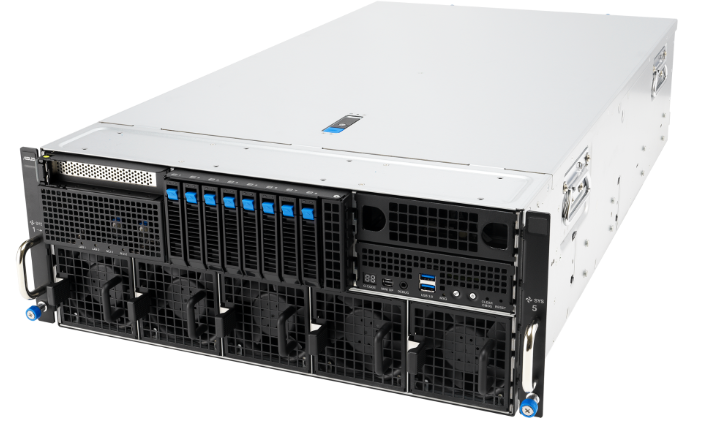 Многоузловой сервер ASUS ESC8000A-E13P форм-фактора 4U для ИИ-ускорителей, вид спереди со стороны фронтальной панели и вентиляторов охлаждения.