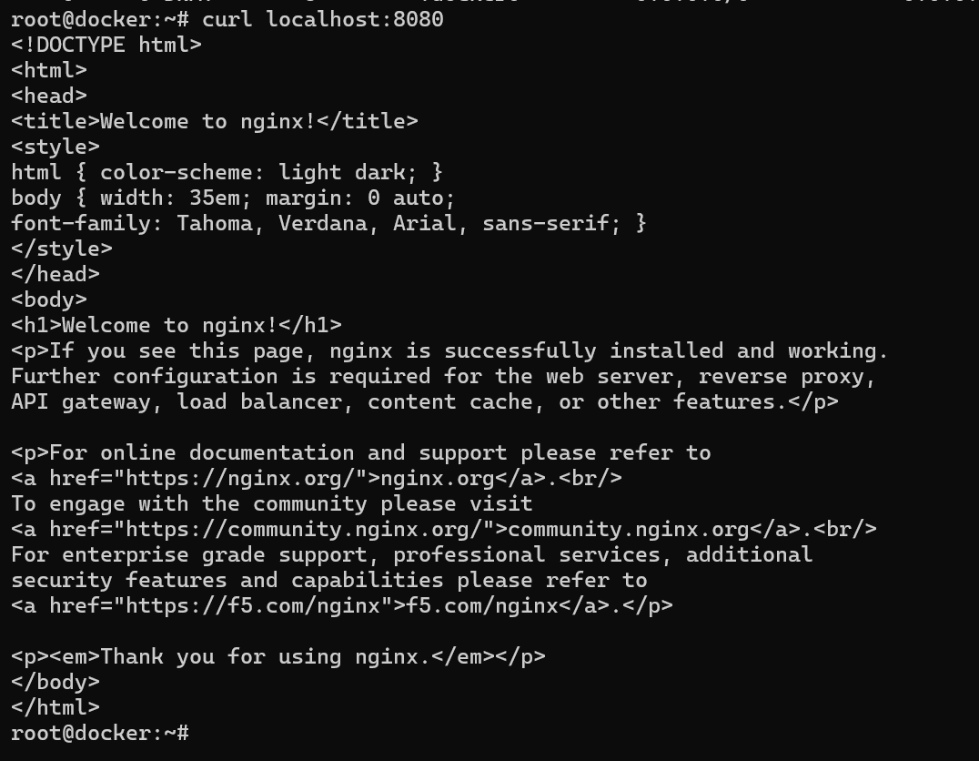 Тестирование проброса портов: успешный ответ веб-сервера nginx при отправке запроса curl на локальный порт хоста 8080.