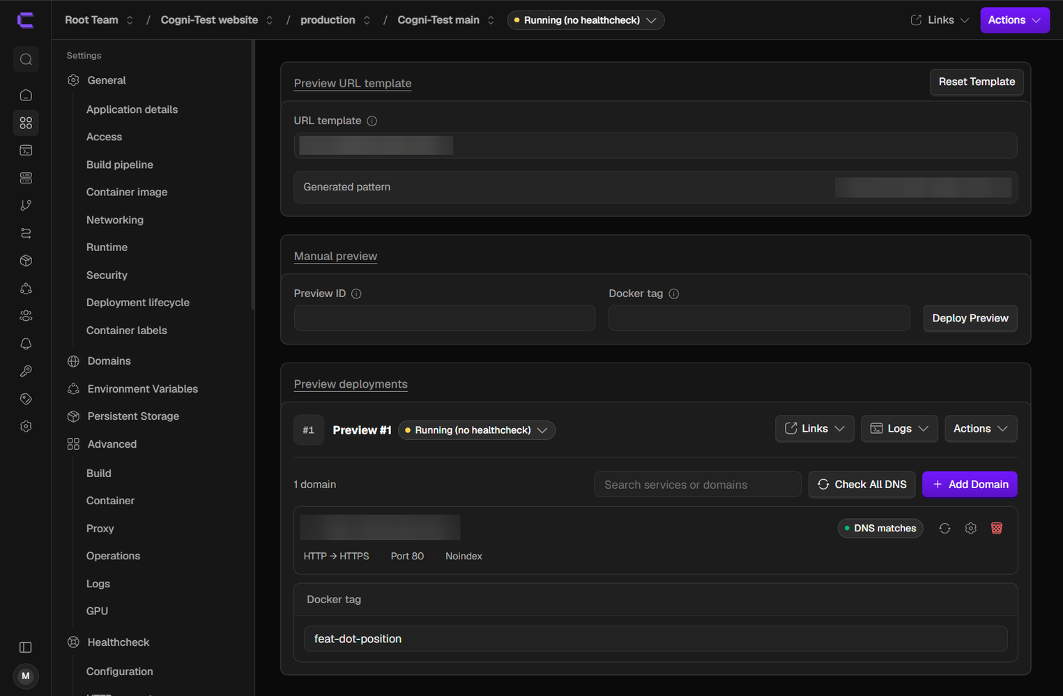 Интерфейс настройки предпросмотра тестовых сборок (Preview deployments) для проверки нововведений в Coolify.