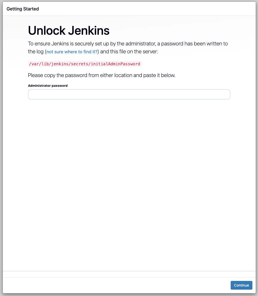 Страница разблокировки веб-интерфейса Jenkins с полем ввода административного пароля.