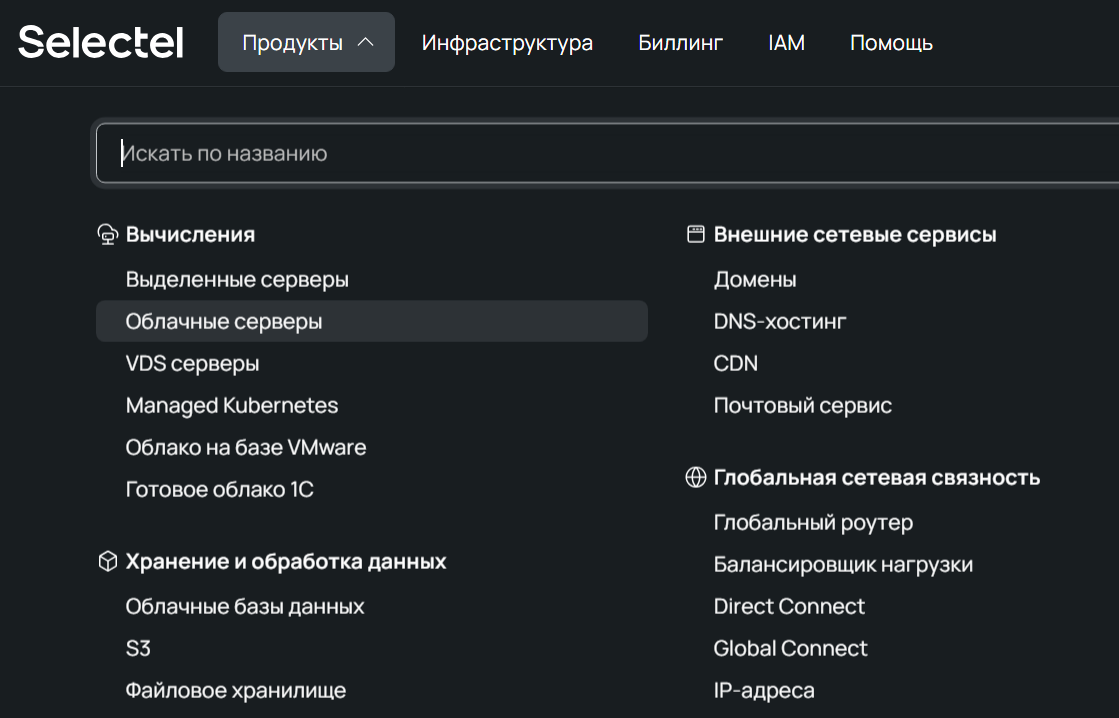 Интерфейс Панели управления Selectel, вкладка Продукты.