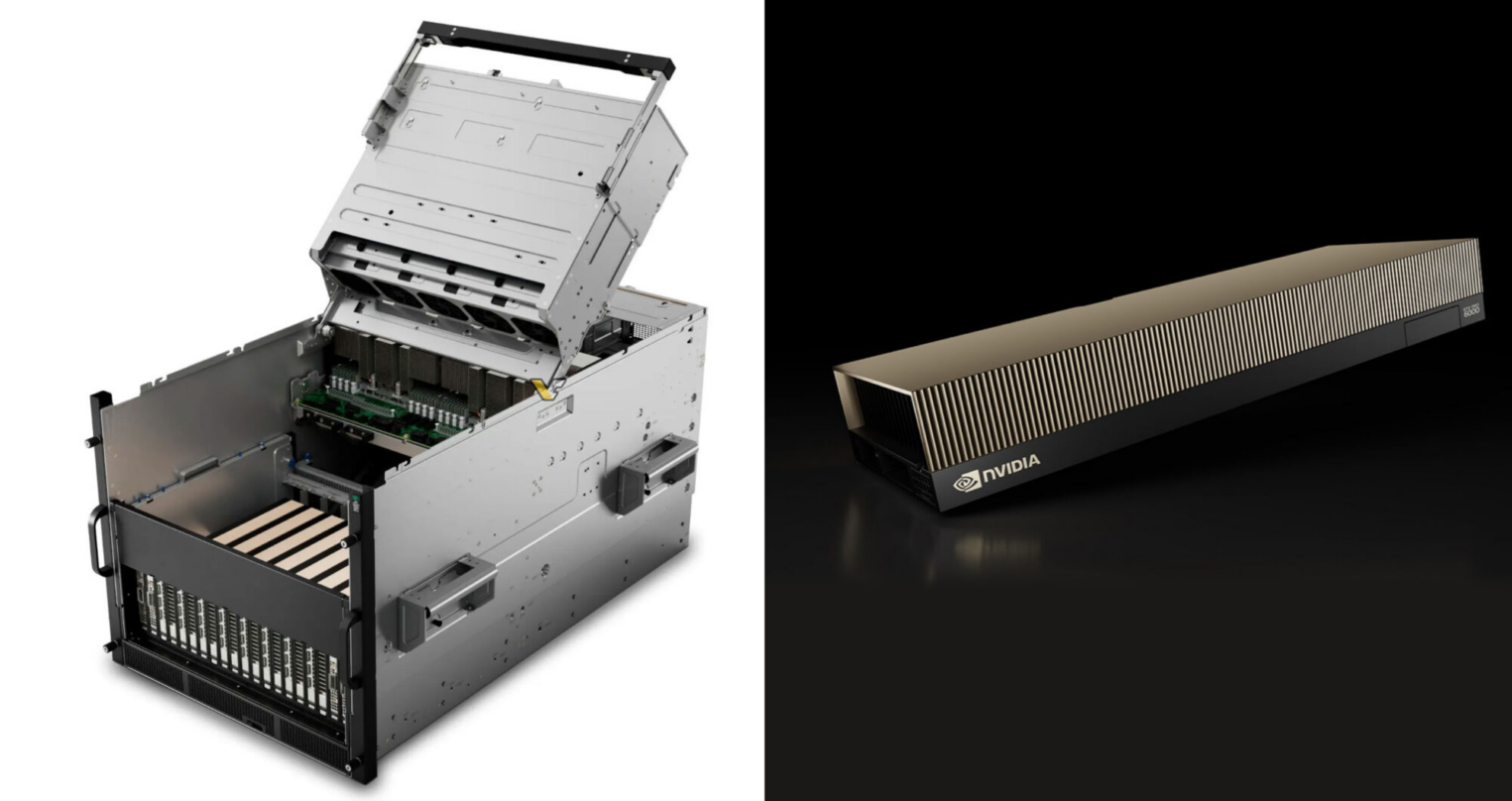 Слева: открытый сервер HPE ProLiant DL585a Gen13 с откидным блоком вентиляторов и слотами расширения PCIe. Справа: графический ускоритель NVIDIA RTX PRO 6000 Blackwell Server Edition для дата-центров.