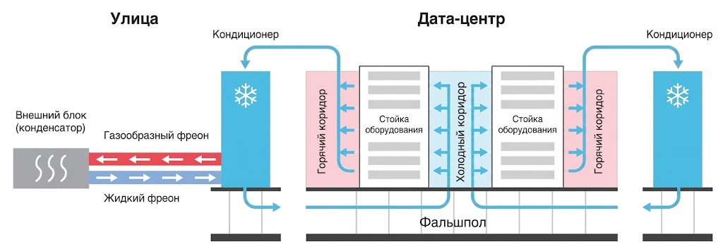 Схема циркуляции воздуха и системы охлаждения с горячим и холодным коридорами в дата-центре.