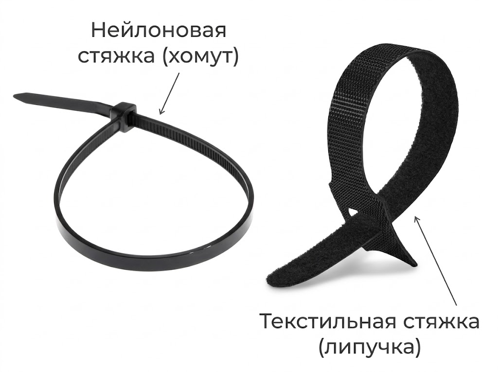 Нейлоновый хомут и текстильная стяжка на липучке для фиксации кабелей в стойке.