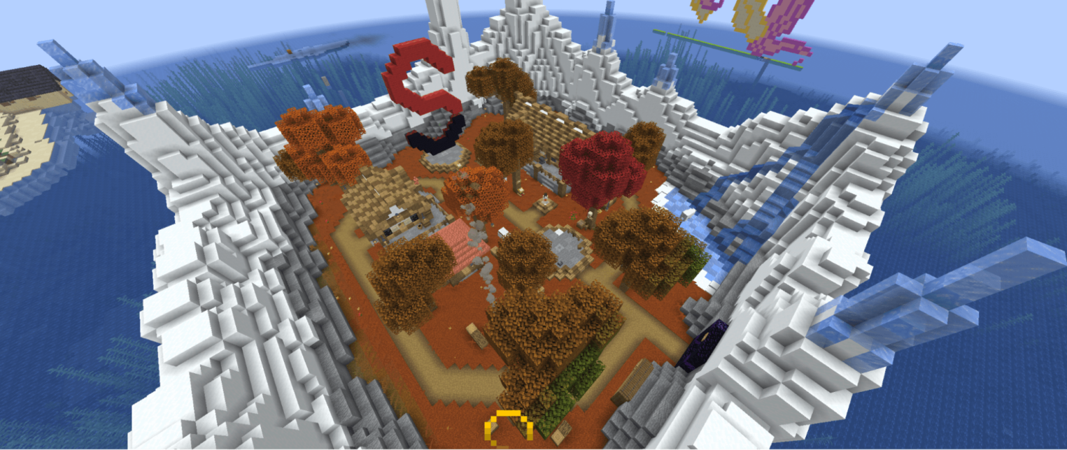 Вид сверху на поселение в Minecraft, окружённое снежными горами.