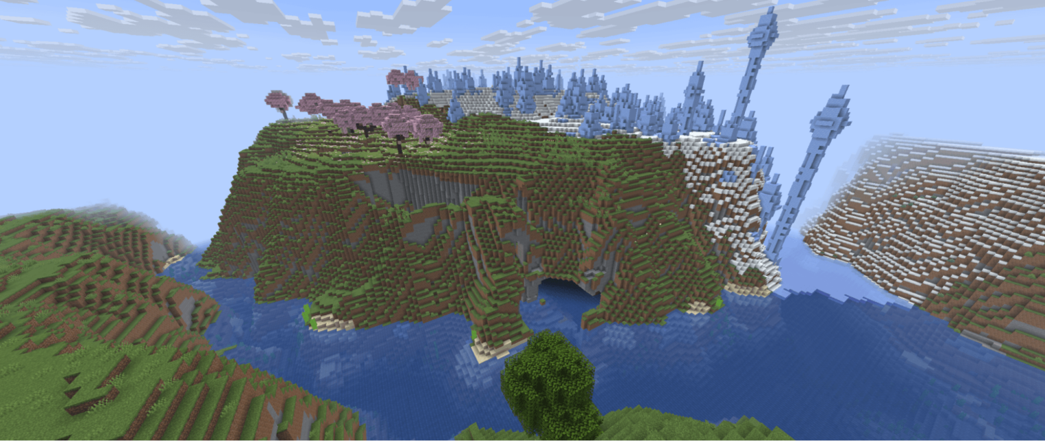 Скалистый холм с сакурами и ледяными пиками в Minecraft.