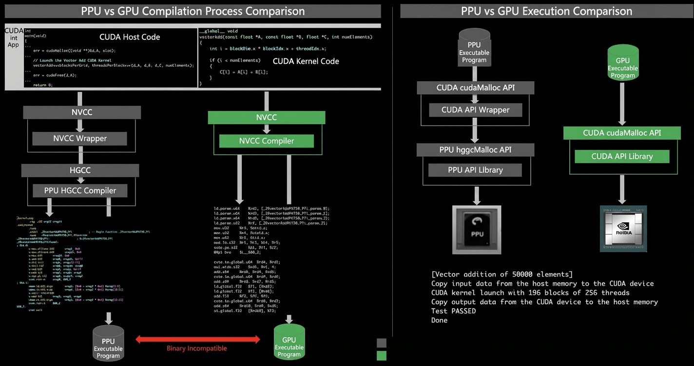 Блок-схема, сравнивающая процессы компиляции и выполнения для PPU и GPU. Левая часть показывает компиляцию CUDA Host Code через NVCC Wrapper и HGCC Compiler в исполняемый файл PPU, а также компиляцию CUDA Kernel Code через NVCC Compiler в исполняемый файл GPU с пометкой о бинарной несовместимости. Правая часть демонстрирует этапы выполнения программ для PPU и GPU.